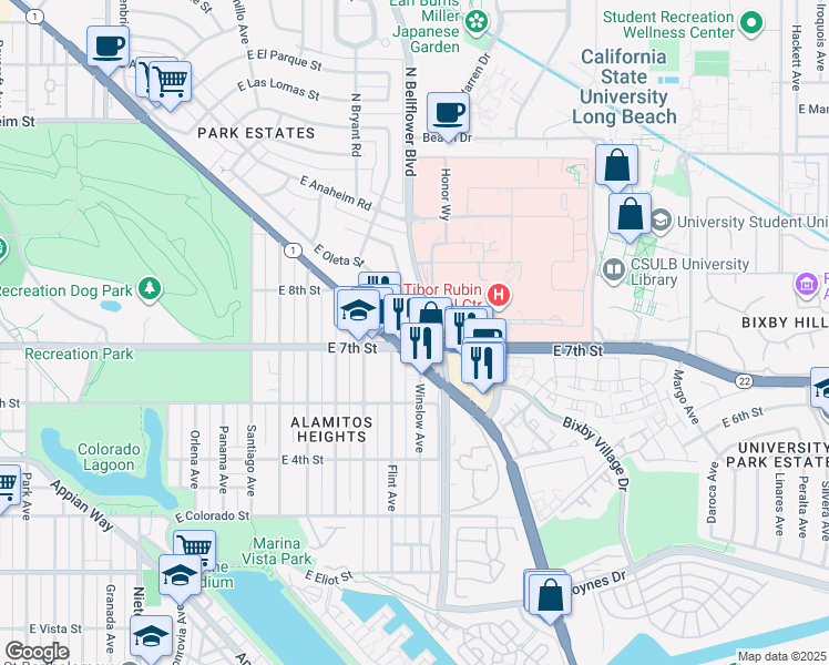 map of restaurants, bars, coffee shops, grocery stores, and more near in Long Beach