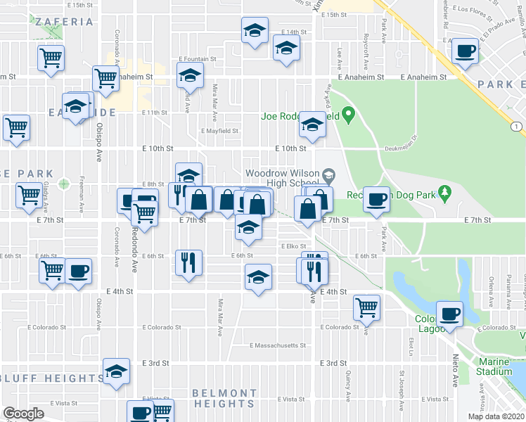 map of restaurants, bars, coffee shops, grocery stores, and more near 4107 East 7th Street in Long Beach