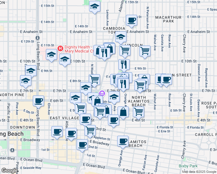 map of restaurants, bars, coffee shops, grocery stores, and more near 1041 East 7th Street in Long Beach