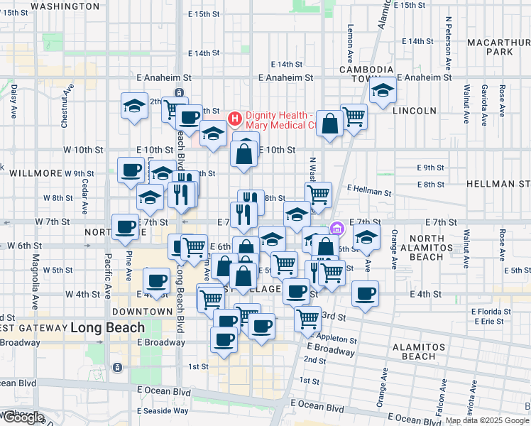 map of restaurants, bars, coffee shops, grocery stores, and more near 623 East 7th Street in Long Beach