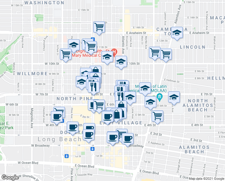 map of restaurants, bars, coffee shops, grocery stores, and more near 701 Linden Avenue in Long Beach