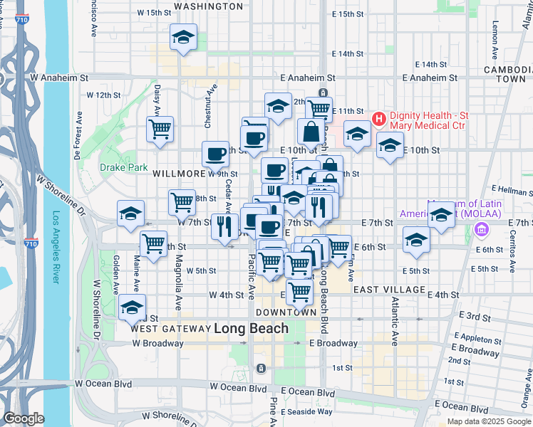 map of restaurants, bars, coffee shops, grocery stores, and more near 701 Pine Avenue in Long Beach