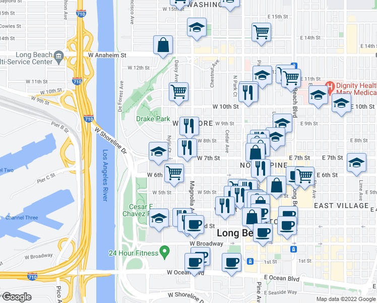 map of restaurants, bars, coffee shops, grocery stores, and more near 519 West 7th Street in Long Beach