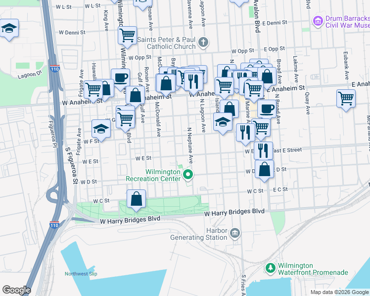 map of restaurants, bars, coffee shops, grocery stores, and more near 605 West E Street in Los Angeles