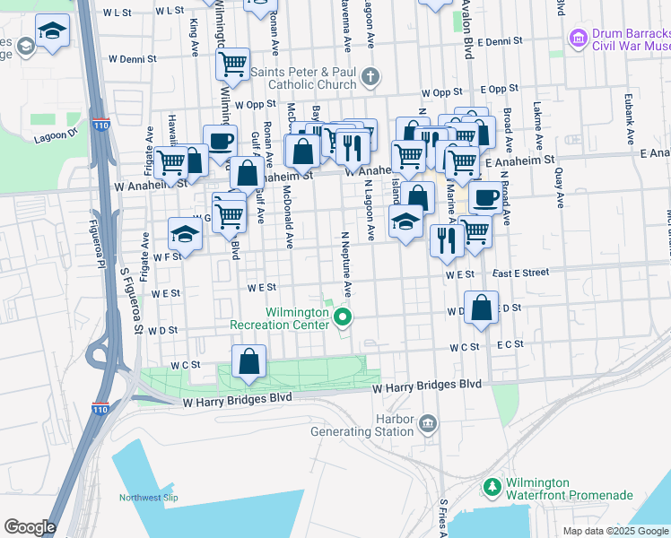 map of restaurants, bars, coffee shops, grocery stores, and more near 605 West E Street in Los Angeles