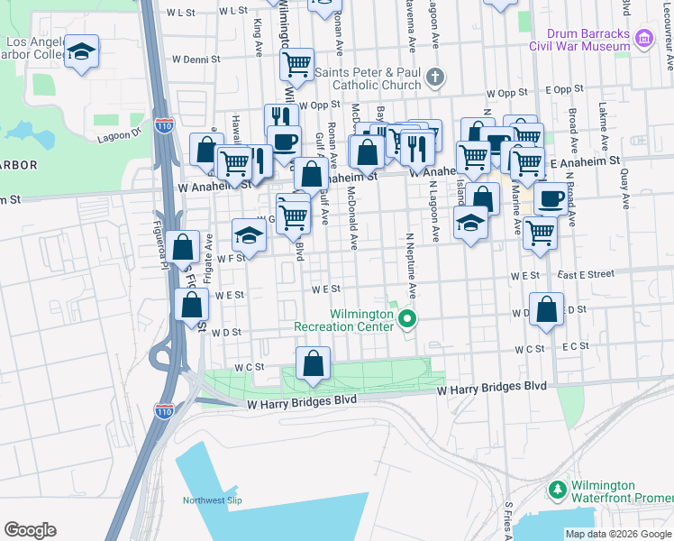 map of restaurants, bars, coffee shops, grocery stores, and more near 524 Gulf Avenue in Los Angeles