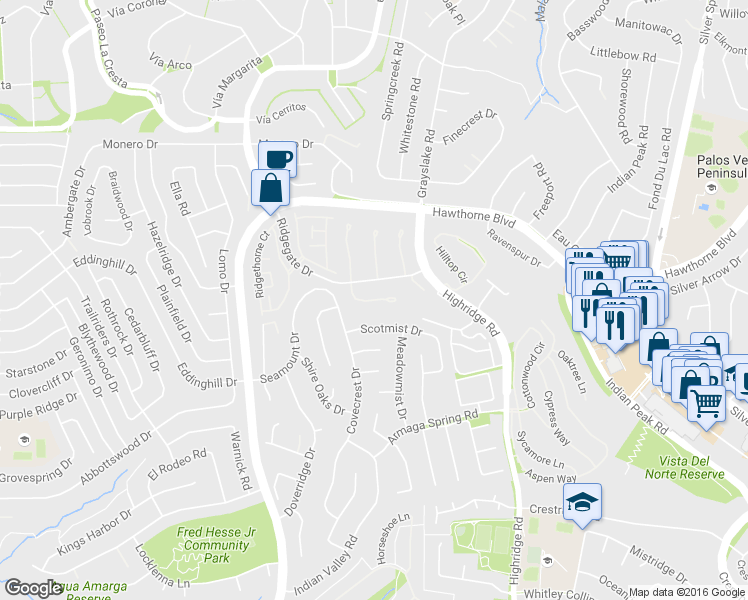 map of restaurants, bars, coffee shops, grocery stores, and more near 28145 Ridgecove Court South in Rancho Palos Verdes