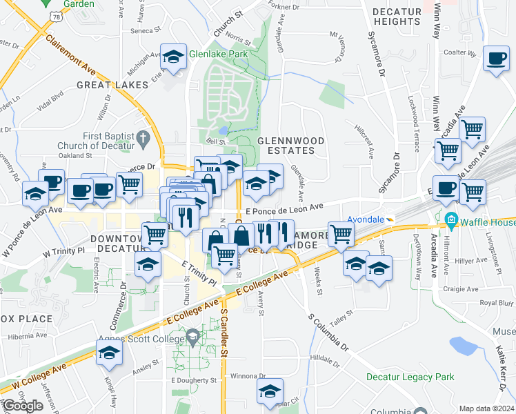 map of restaurants, bars, coffee shops, grocery stores, and more near 424 East Ponce de Leon Avenue in Decatur
