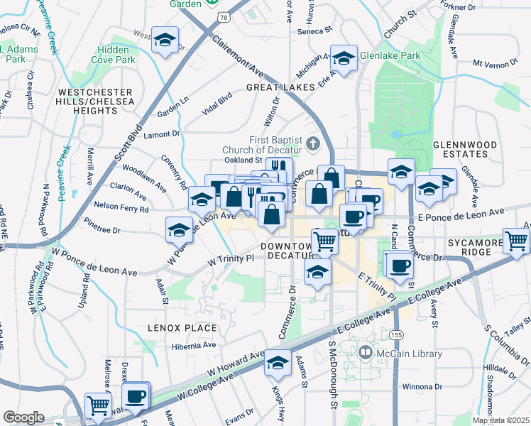 map of restaurants, bars, coffee shops, grocery stores, and more near 177 Ponce De Leon Place in Decatur