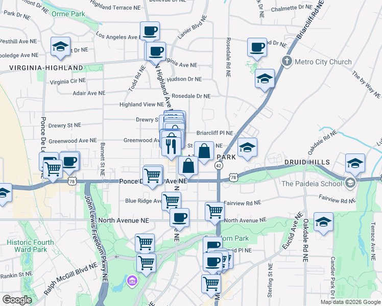 map of restaurants, bars, coffee shops, grocery stores, and more near 1102 Saint Charles Place Northeast in Atlanta