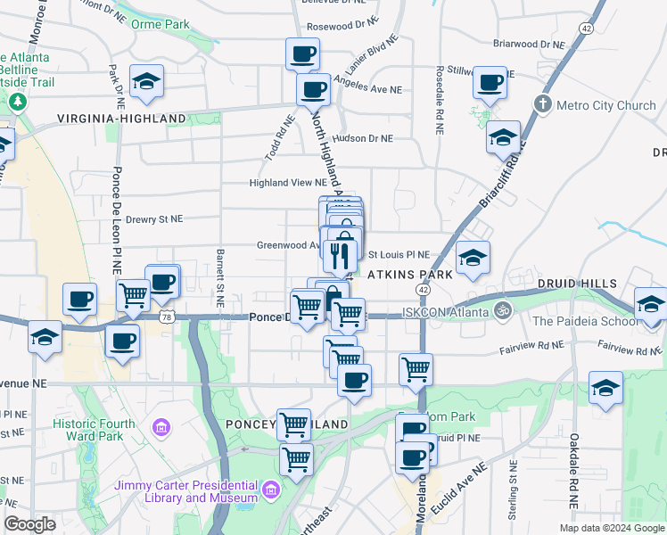 map of restaurants, bars, coffee shops, grocery stores, and more near 1022 Saint Charles Avenue Northeast in Atlanta