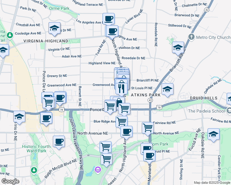 map of restaurants, bars, coffee shops, grocery stores, and more near 1022 Saint Charles Avenue Northeast in Atlanta
