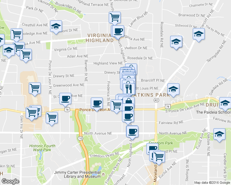 map of restaurants, bars, coffee shops, grocery stores, and more near 1022 Saint Charles Avenue Northeast in Atlanta