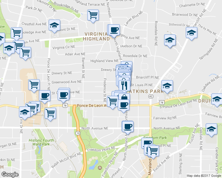 map of restaurants, bars, coffee shops, grocery stores, and more near 1022 Saint Charles Avenue Northeast in Atlanta