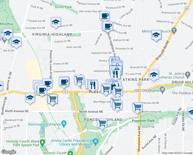 map of restaurants, bars, coffee shops, grocery stores, and more near 980 Saint Charles Avenue Northeast in Atlanta