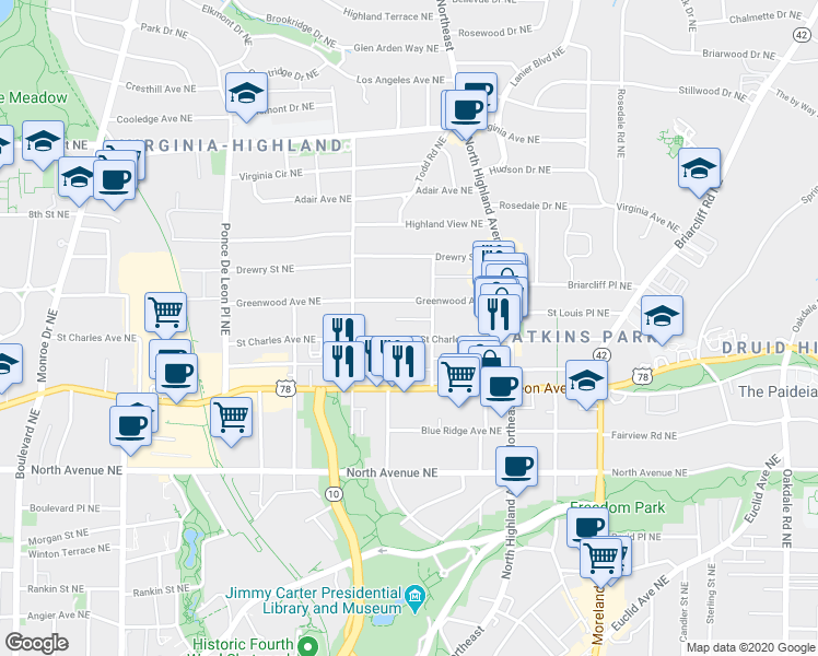 map of restaurants, bars, coffee shops, grocery stores, and more near 928 Saint Charles Avenue Northeast in Atlanta