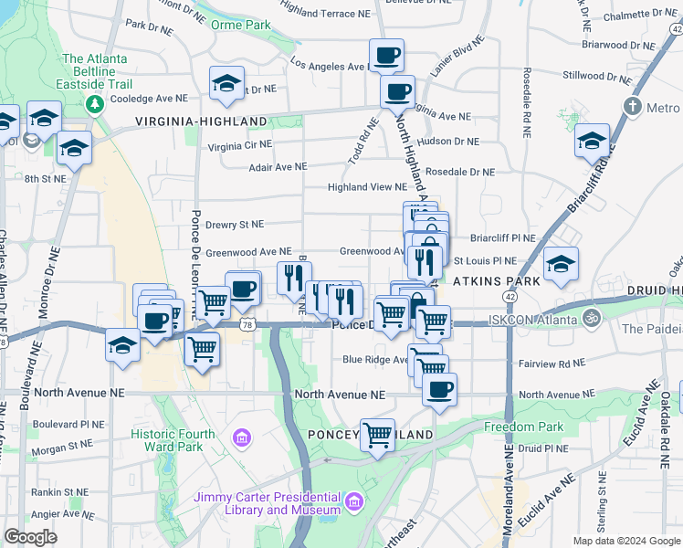 map of restaurants, bars, coffee shops, grocery stores, and more near 928 Saint Charles Avenue Northeast in Atlanta