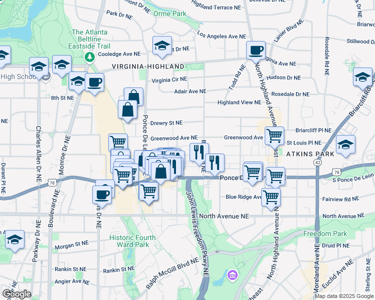 map of restaurants, bars, coffee shops, grocery stores, and more near 836 Saint Charles Avenue Northeast in Atlanta