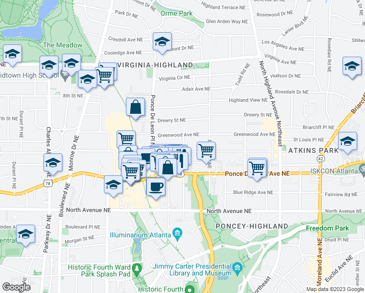 map of restaurants, bars, coffee shops, grocery stores, and more near 791 Saint Charles Avenue Northeast in Atlanta