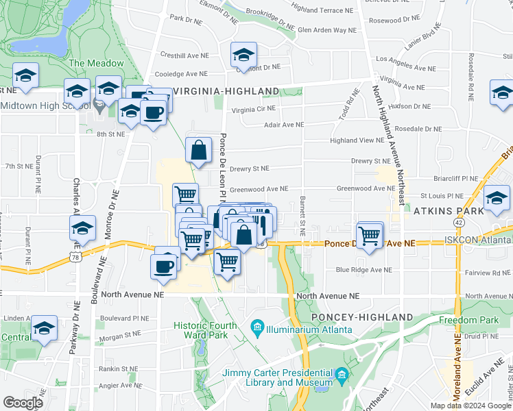 map of restaurants, bars, coffee shops, grocery stores, and more near 791 Saint Charles Avenue Northeast in Atlanta