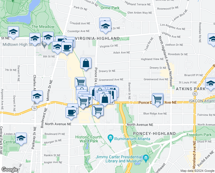 map of restaurants, bars, coffee shops, grocery stores, and more near 791 Saint Charles Avenue Northeast in Atlanta