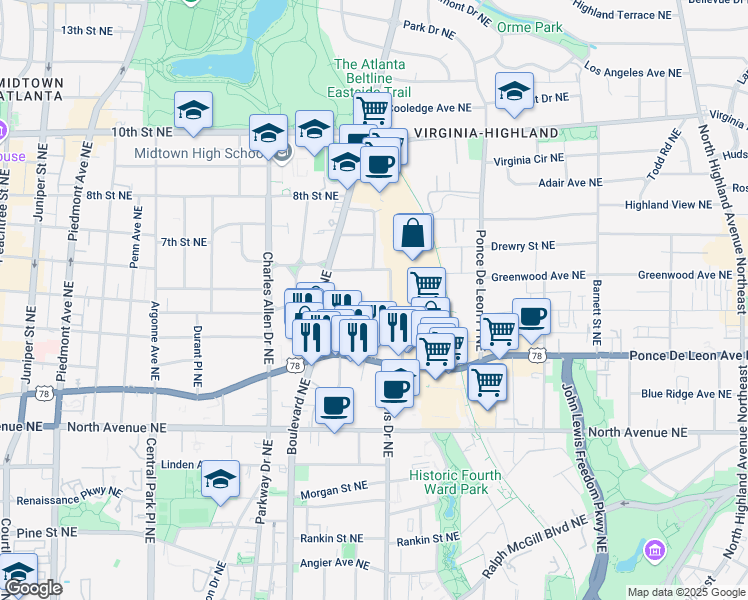 map of restaurants, bars, coffee shops, grocery stores, and more near 568 Saint Charles Avenue Northeast in Atlanta
