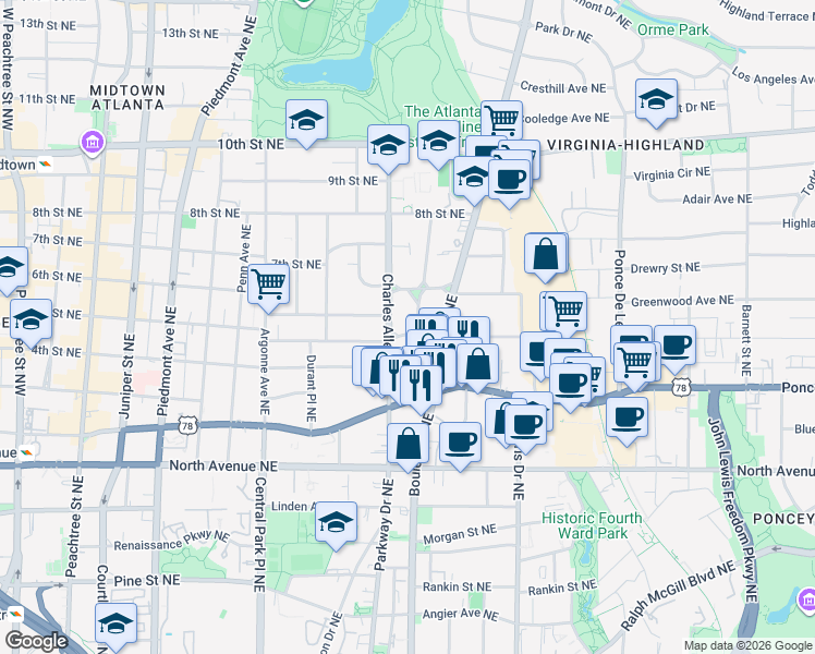 map of restaurants, bars, coffee shops, grocery stores, and more near 773 Vedado Way Northeast in Atlanta