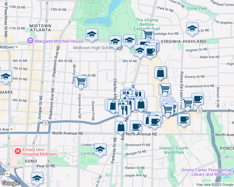 map of restaurants, bars, coffee shops, grocery stores, and more near 773 Vedado Way Northeast in Atlanta