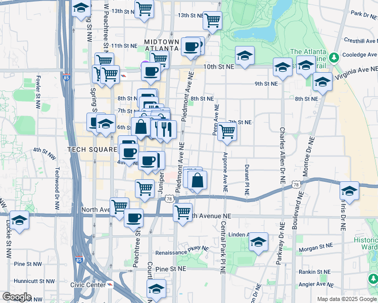 map of restaurants, bars, coffee shops, grocery stores, and more near 761 Piedmont Avenue Northeast in Atlanta