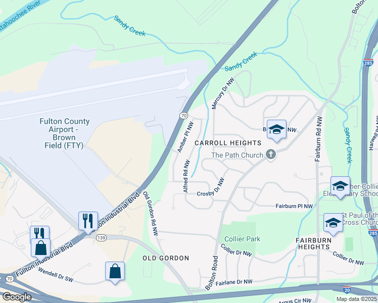 map of restaurants, bars, coffee shops, grocery stores, and more near 782 Alfred Road Northwest in Atlanta