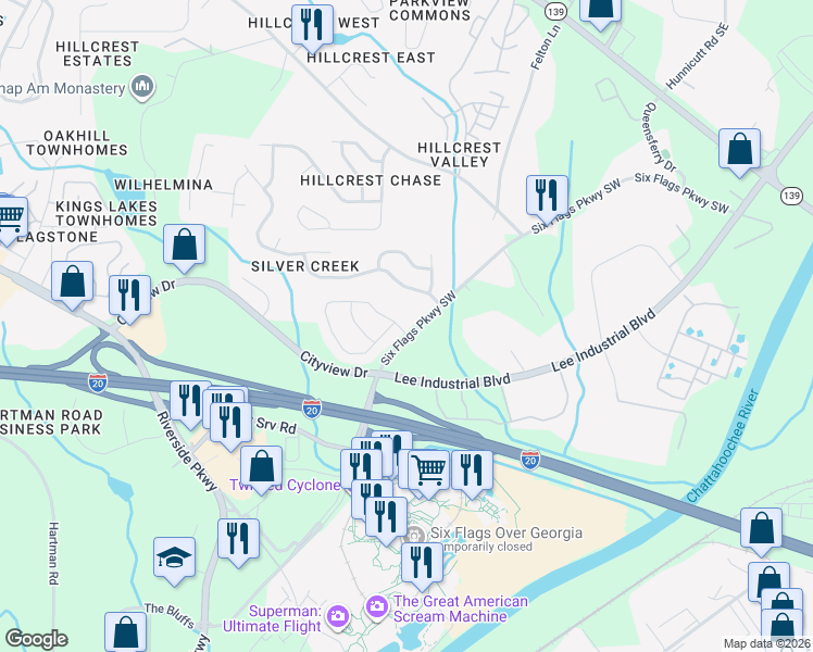 map of restaurants, bars, coffee shops, grocery stores, and more near 102 Silver Arrow Circle in Austell