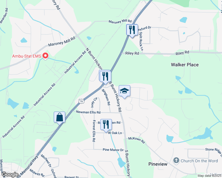 map of restaurants, bars, coffee shops, grocery stores, and more near 1095 South Burnt Hickory Road in Douglasville