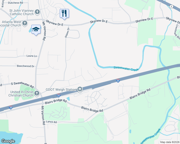 map of restaurants, bars, coffee shops, grocery stores, and more near 1638 Karsyn Lane in Lithia Springs