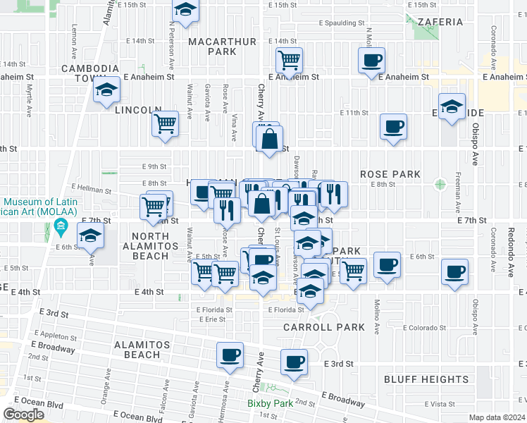 map of restaurants, bars, coffee shops, grocery stores, and more near 7221/2 Cherry Avenue in Long Beach