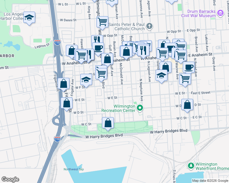 map of restaurants, bars, coffee shops, grocery stores, and more near 524 Gulf Avenue in Los Angeles