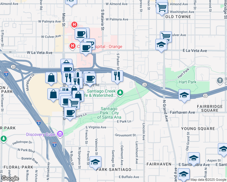 map of restaurants, bars, coffee shops, grocery stores, and more near 900 W Town and Country Rd in Orange