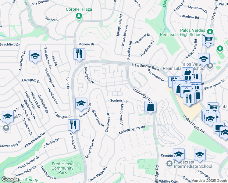 map of restaurants, bars, coffee shops, grocery stores, and more near 28192 Ridgecove Court South in Rancho Palos Verdes
