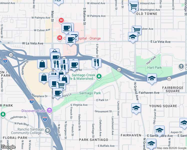 map of restaurants, bars, coffee shops, grocery stores, and more near 760 South Grable Circle in Orange