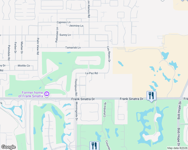 map of restaurants, bars, coffee shops, grocery stores, and more near 71111 La Paz Road in Rancho Mirage