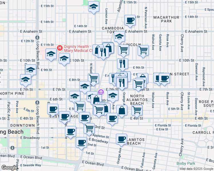 map of restaurants, bars, coffee shops, grocery stores, and more near 1041 East 7th Street in Long Beach