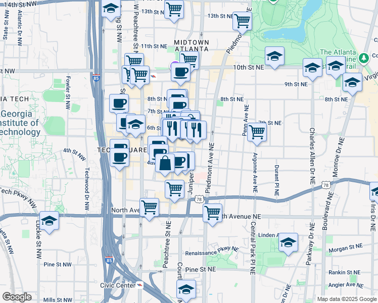 map of restaurants, bars, coffee shops, grocery stores, and more near 770 Juniper Street Northeast in Atlanta