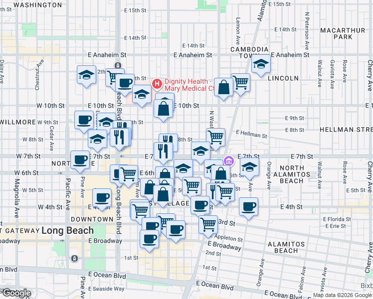 map of restaurants, bars, coffee shops, grocery stores, and more near 722 Lime Avenue in Long Beach
