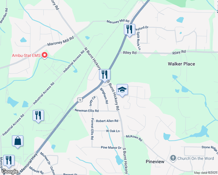 map of restaurants, bars, coffee shops, grocery stores, and more near 1095 South Burnt Hickory Road in Douglasville