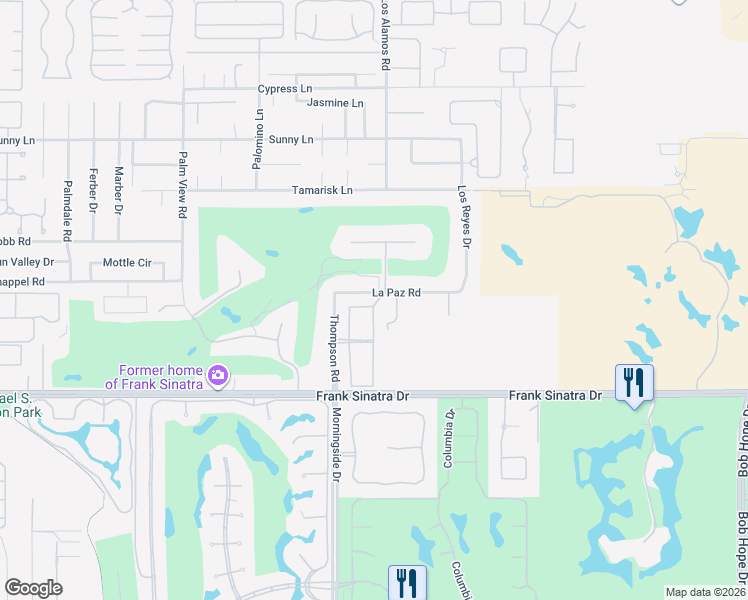 map of restaurants, bars, coffee shops, grocery stores, and more near 18 Sun Ridge Circle in Rancho Mirage