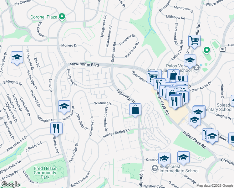 map of restaurants, bars, coffee shops, grocery stores, and more near 5975 Peacock Ridge Road in Rancho Palos Verdes