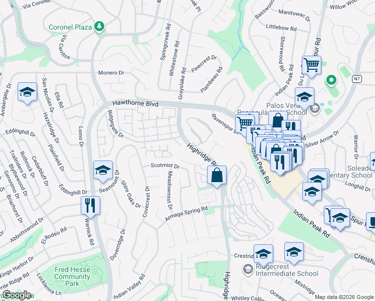 map of restaurants, bars, coffee shops, grocery stores, and more near 28121 Highridge Road in Rancho Palos Verdes