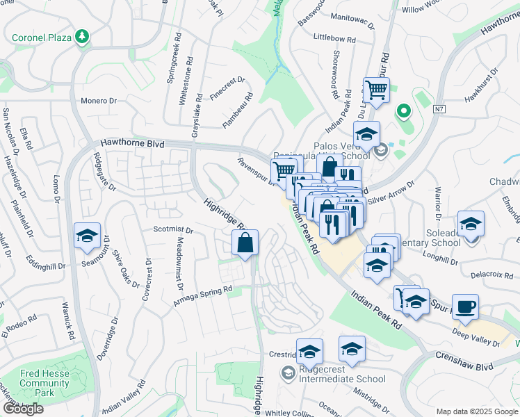 map of restaurants, bars, coffee shops, grocery stores, and more near 28120 Peacock Ridge Drive in Rancho Palos Verdes