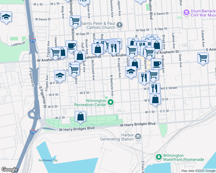 map of restaurants, bars, coffee shops, grocery stores, and more near 605 West E Street in Los Angeles