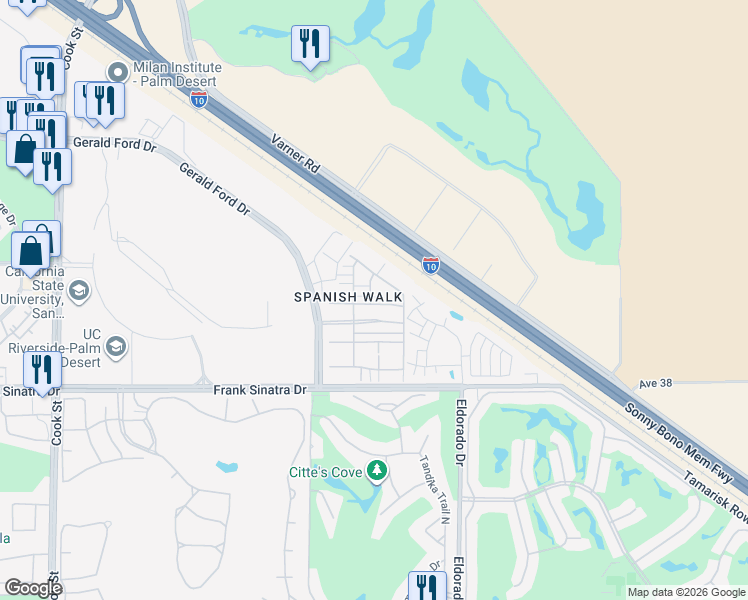 map of restaurants, bars, coffee shops, grocery stores, and more near 274 Paseo Gregario in Palm Desert