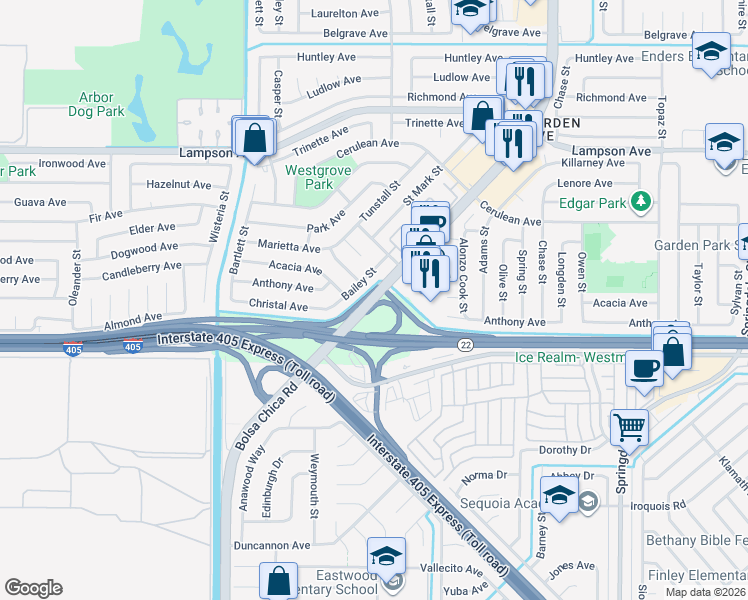 map of restaurants, bars, coffee shops, grocery stores, and more near 12801 Valley View Street in Garden Grove